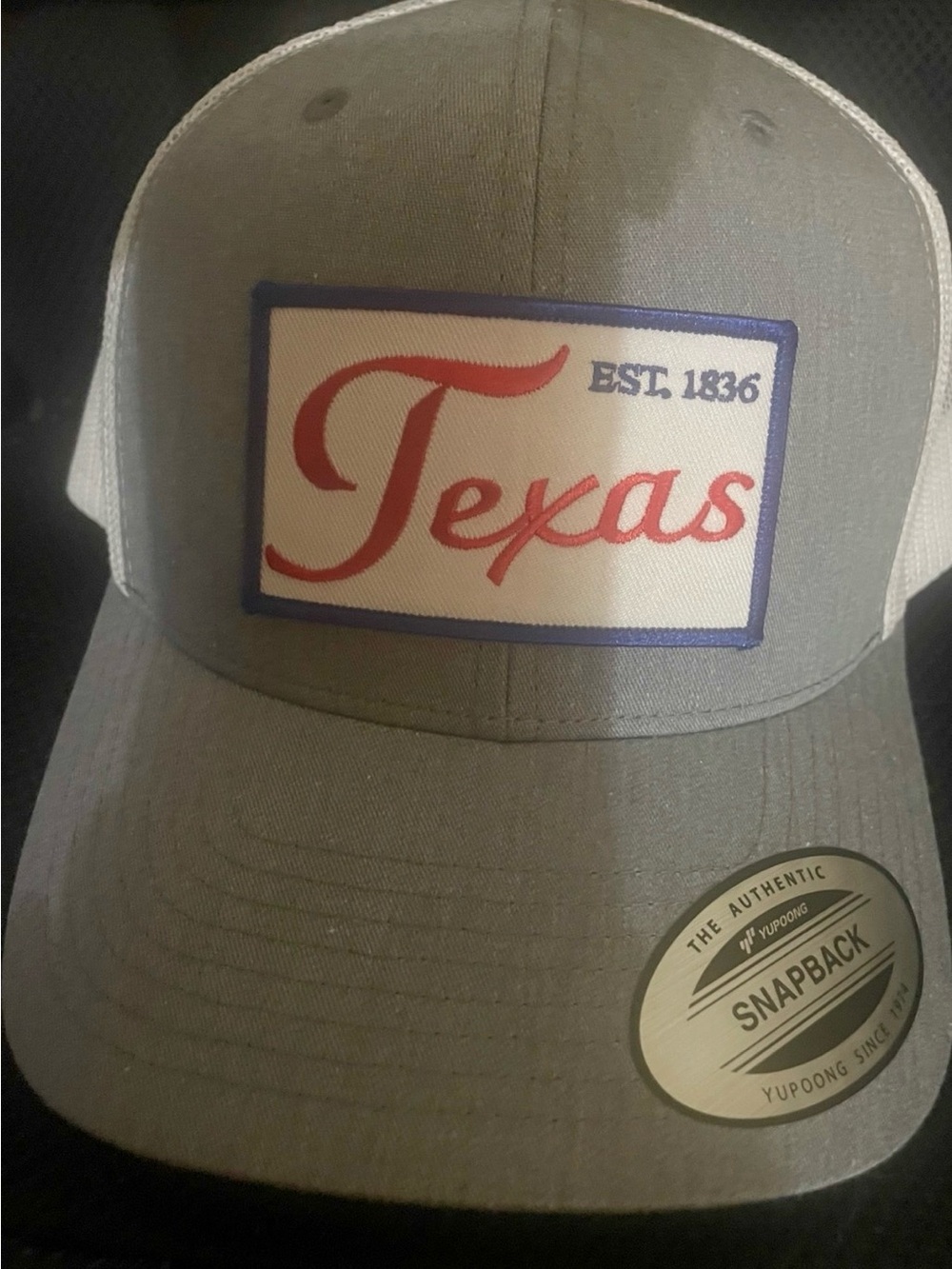 Gray Texas Patch Snapback Cap with Red Script